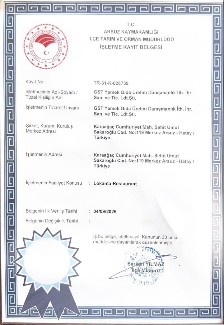 İşletme Kayıt Belgesi — T.C. Arsuz Kaymakamlığı İlçe Tarım ve Orman Müdürlüğü