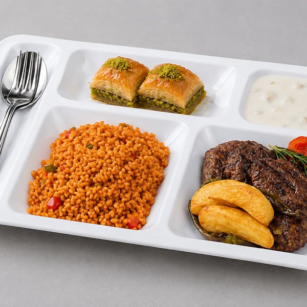 Ada Yemekçilik tabldot tepsisi: köfte, bulgur pilavı, cacık ve baklava